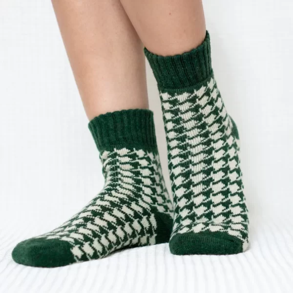 Green Houndstooth Quarter Wool Socks for Women