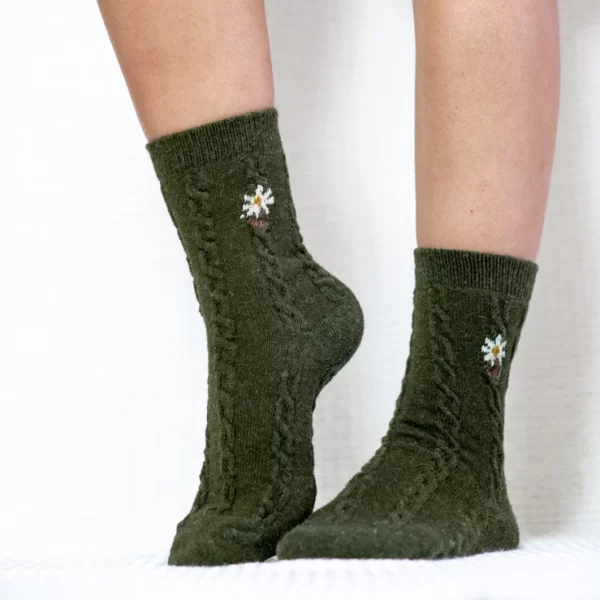 green floral embroidered wool quarter socks for Women