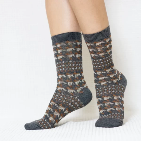 Grey Houndstooth Quarter Combed Cotton Socks for Women