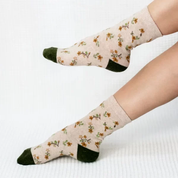 Khaki Floral Print Quarter Wool Socks for Women