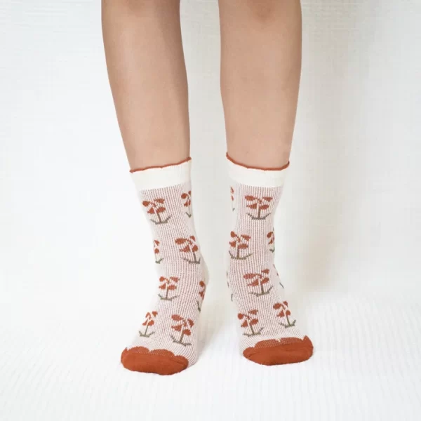 Orange Flower Quarter Combed Cotton Socks for Women