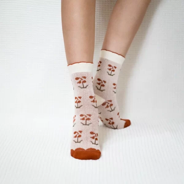 Orange Flower Quarter Combed Cotton Socks for Women