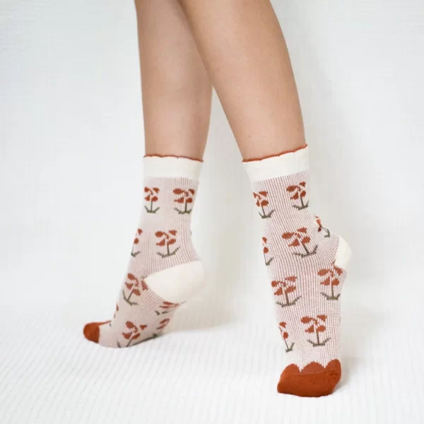 Orange Flower Quarter Combed Cotton Socks for Women