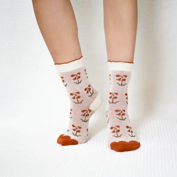 Orange Flower Quarter Combed Cotton Socks for Women