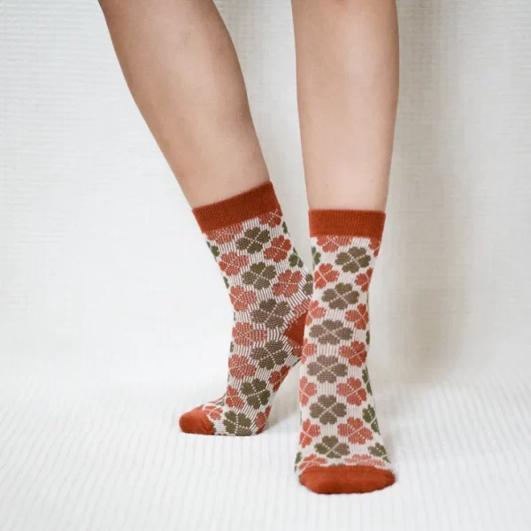 Orange Four Leaf Clover Quarter Combed Cotton Socks for Women