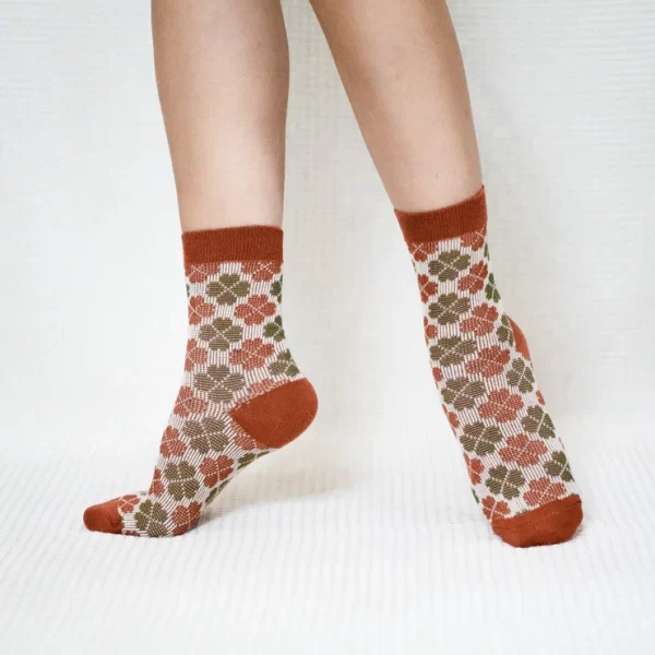 Orange Four Leaf Clover Quarter Combed Cotton Socks for Women