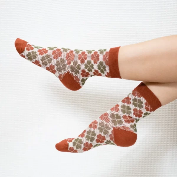 Orange Four Leaf Clover Quarter Combed Cotton Socks for Women