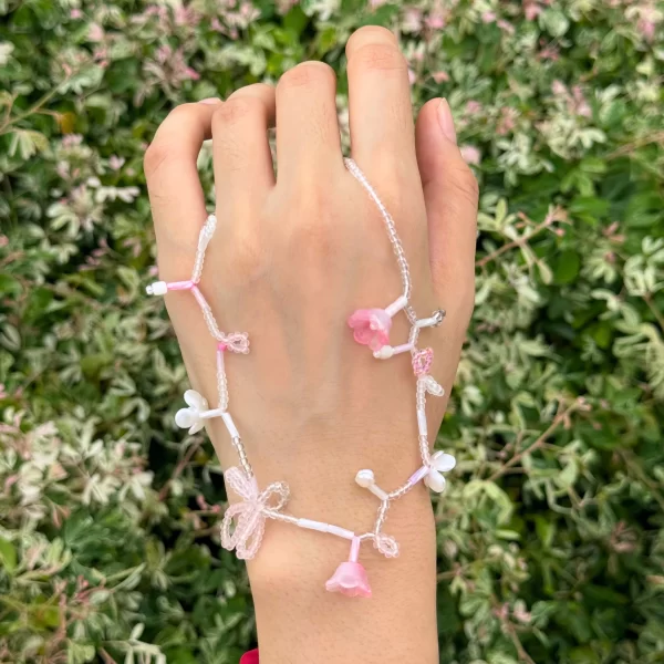 handmade tiny white pink bead flower necklace