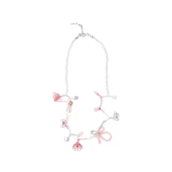 handmade tiny white pink bead flower necklace