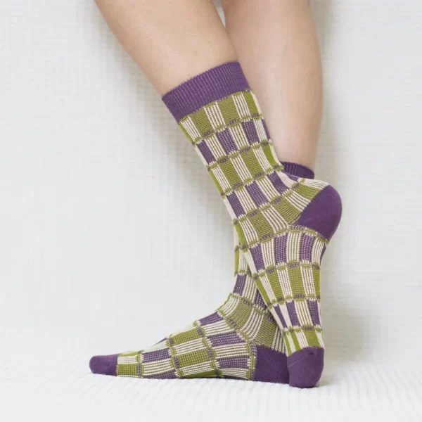 Purple Plaid Quarter Combed Cotton Socks for Women