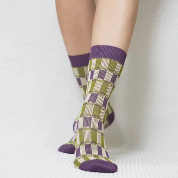 Purple Plaid Quarter Combed Cotton Socks for Women