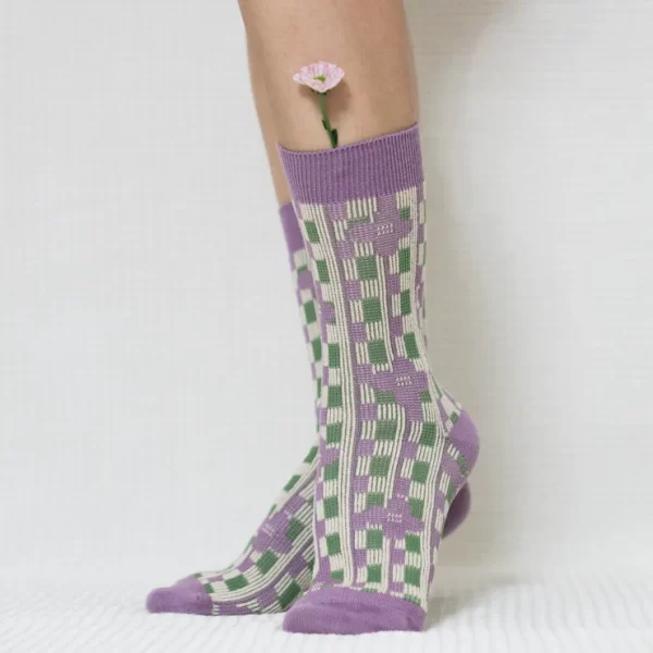 Purple Vertical Stripe Quarter Combed Cotton Socks for Women