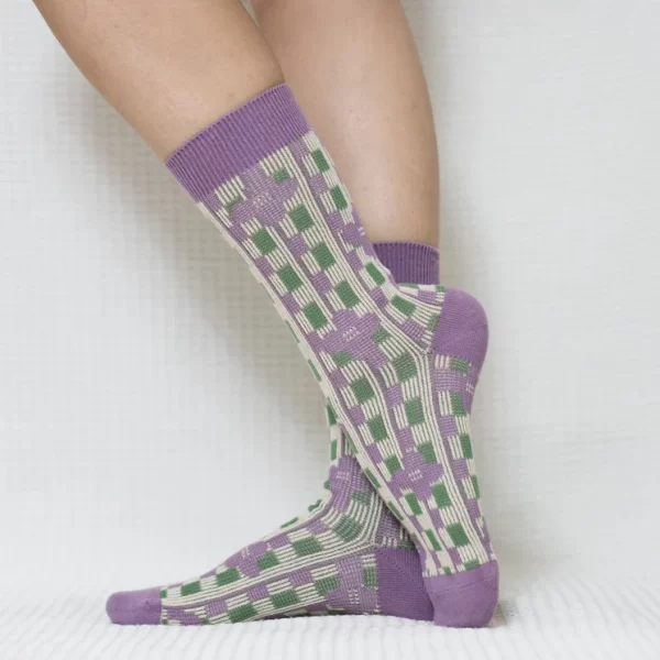 Purple Vertical Stripe Quarter Combed Cotton Socks for Women