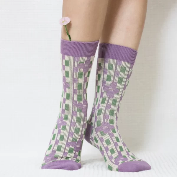 Purple Vertical Stripe Quarter Combed Cotton Socks for Women