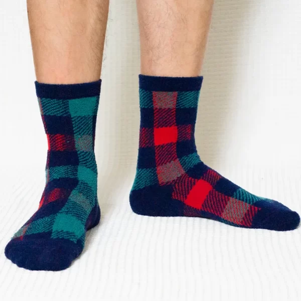 Teal Red Plaid Quarter Combed Cotton Socks for Men