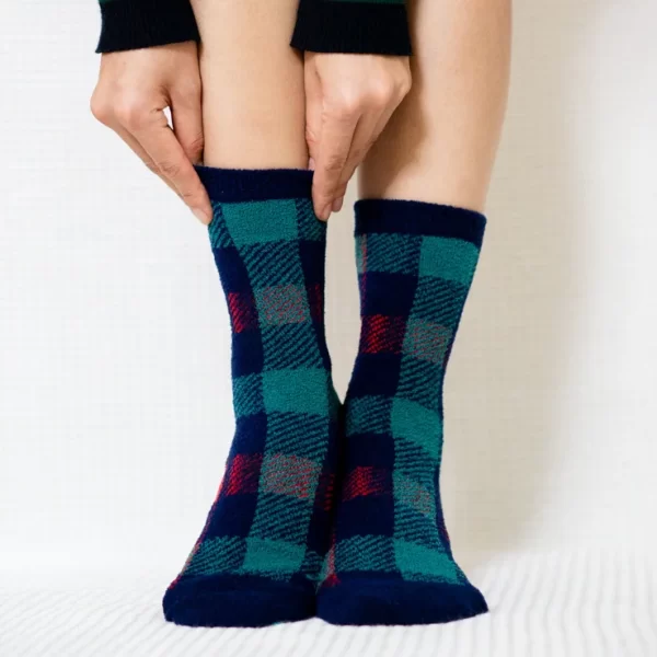 Teal Red Plaid Quarter Combed Cotton Socks for Women