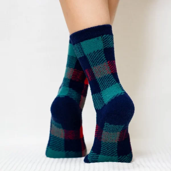 Teal Red Plaid Quarter Combed Cotton Socks for Women