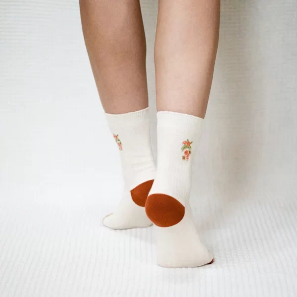 White Embroidered Flower Quarter Combed Cotton Socks for Women