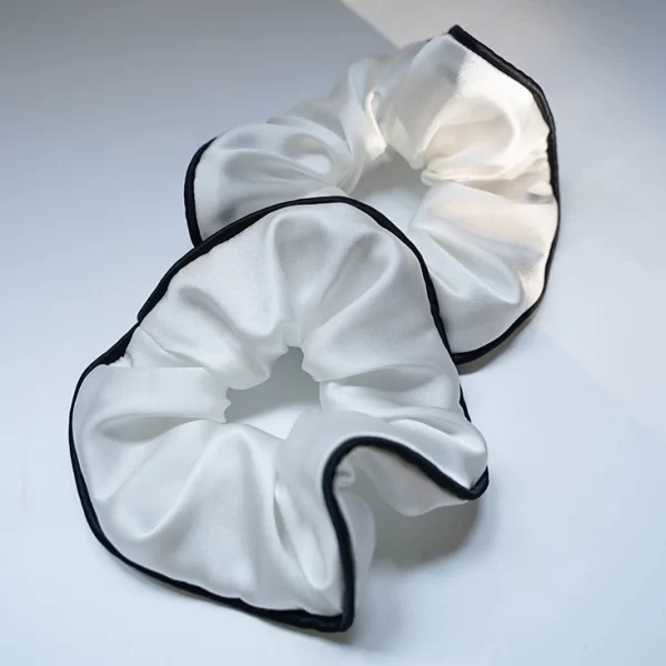 black white French-style silk scrunchie with contrast edge