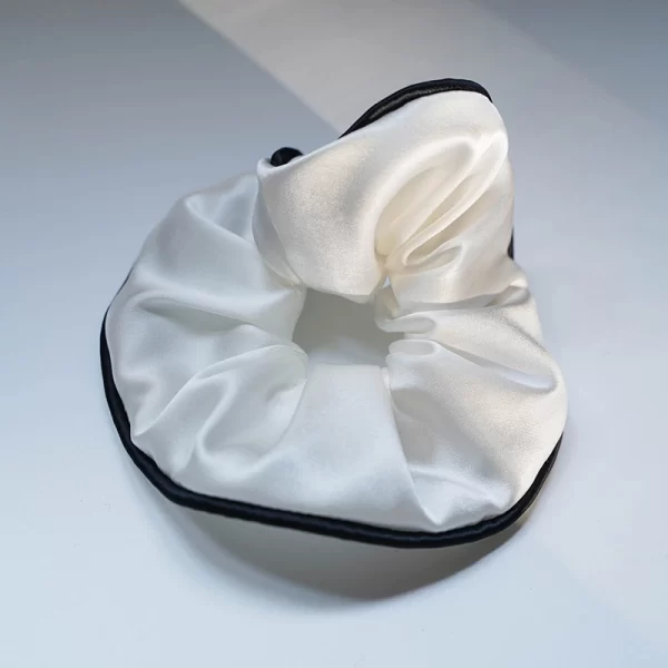 black white French-style silk scrunchie with contrast edge