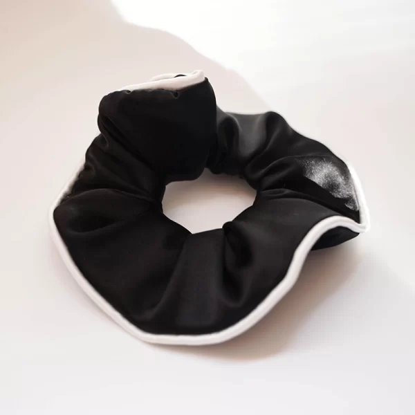 black white French-style silk scrunchie with contrast edge