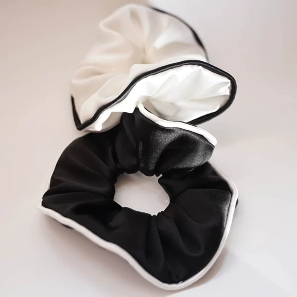 black white French-style silk scrunchie with contrast edge