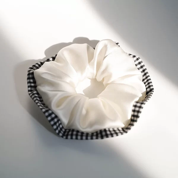 trend white silk scrunchie with plaid edge