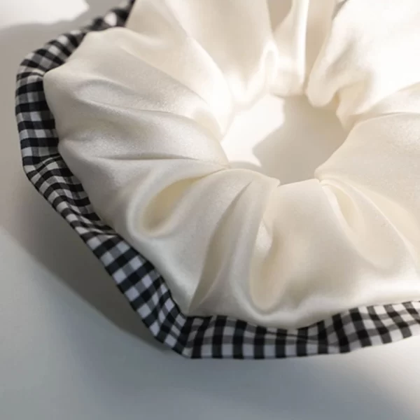 trend white silk scrunchie with plaid edge